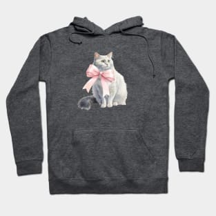 Cute Coquette Fluffy White Cat with Pink Bow Hoodie